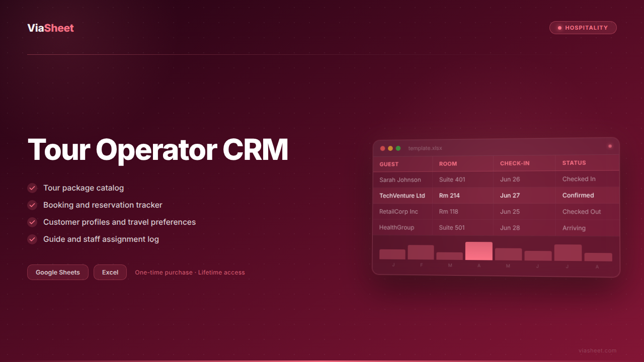 Tour Operator CRM spreadsheet showing booking tracker and tour package management