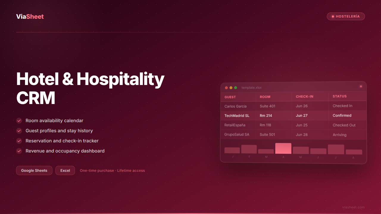 Hotel Hospitality CRM spreadsheet showing room availability and guest management